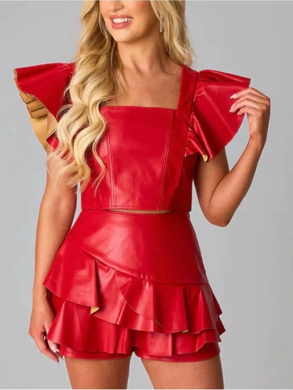 Buddy Love Red Faux Leather Ruffle Two-Piece Set